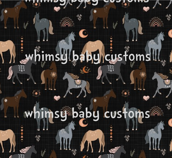Boho Horses Half and Half Fabric (Black and Beige Backgrounds)